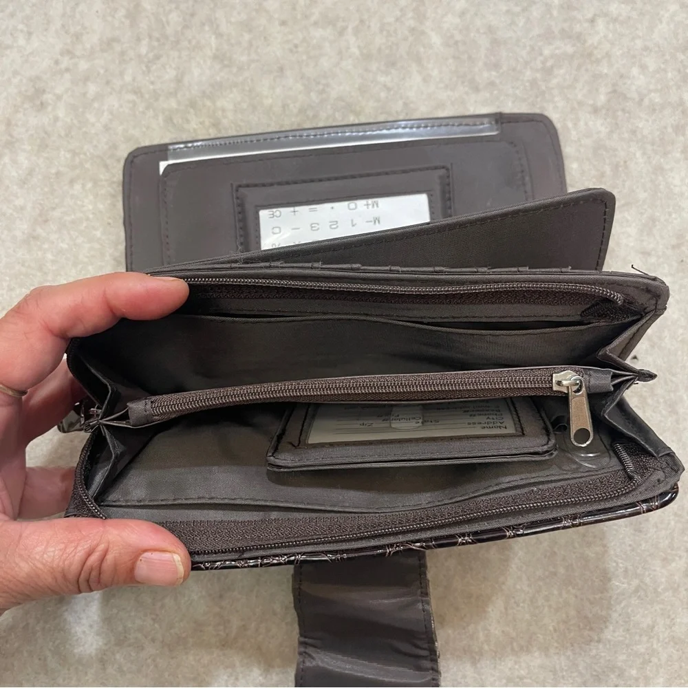 Y2K 2000’s Long Checkbook Zip Snap Wallet Brown Checker Heart Print Faux Croc